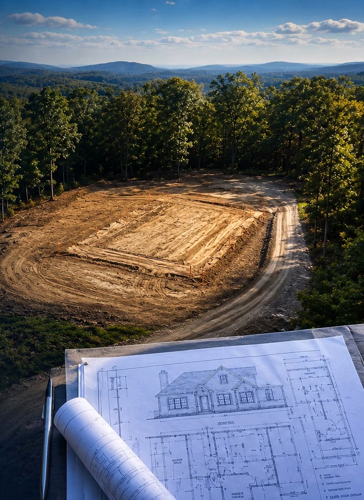 Cleared homesite with house blueprints - VA One-Time Close construction loan